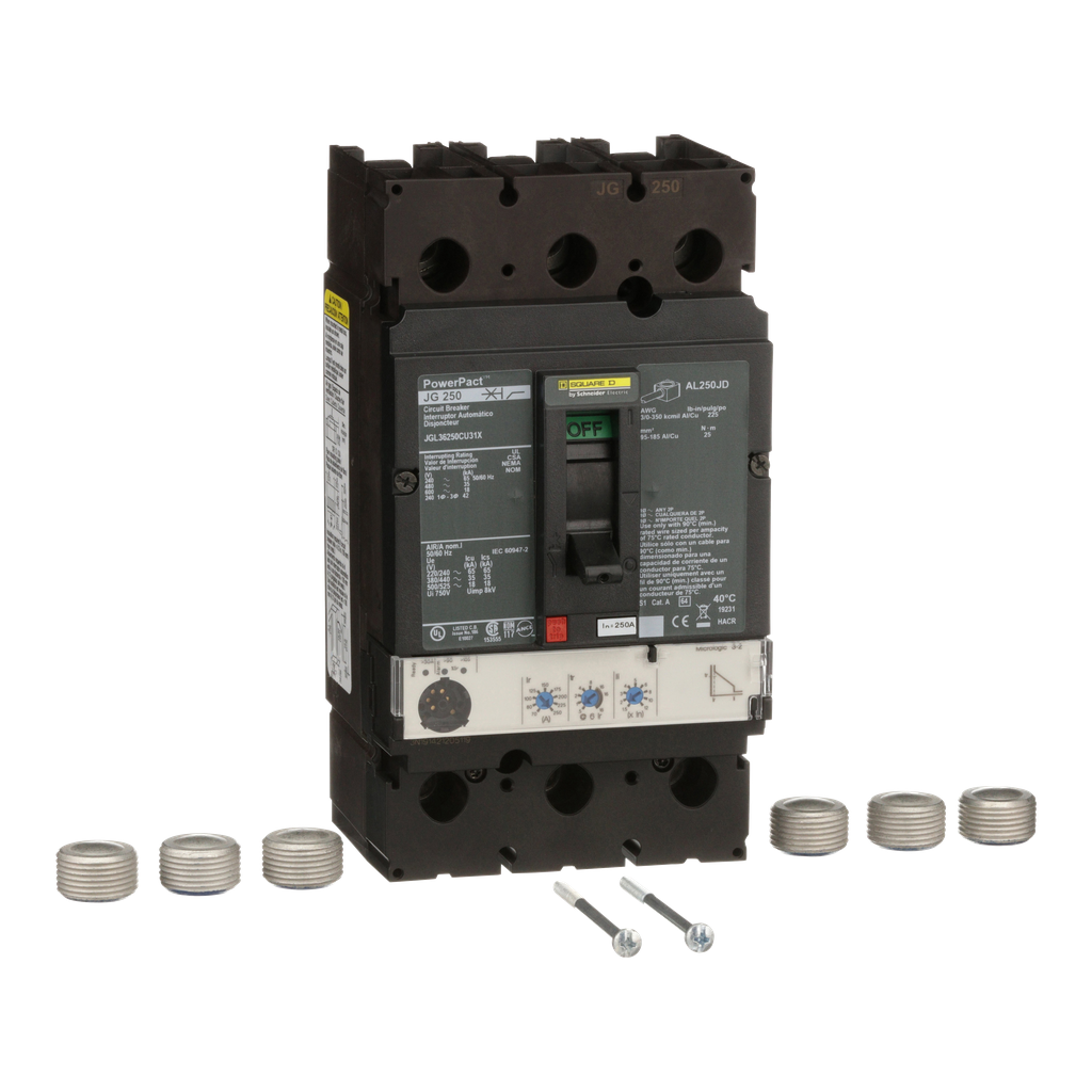 JGM36250U31X – Circuit breaker, PowerPacT J, 250A, 3 pole, 600VAC, 18kA, lugs, Micrologic 3.2, 80%
