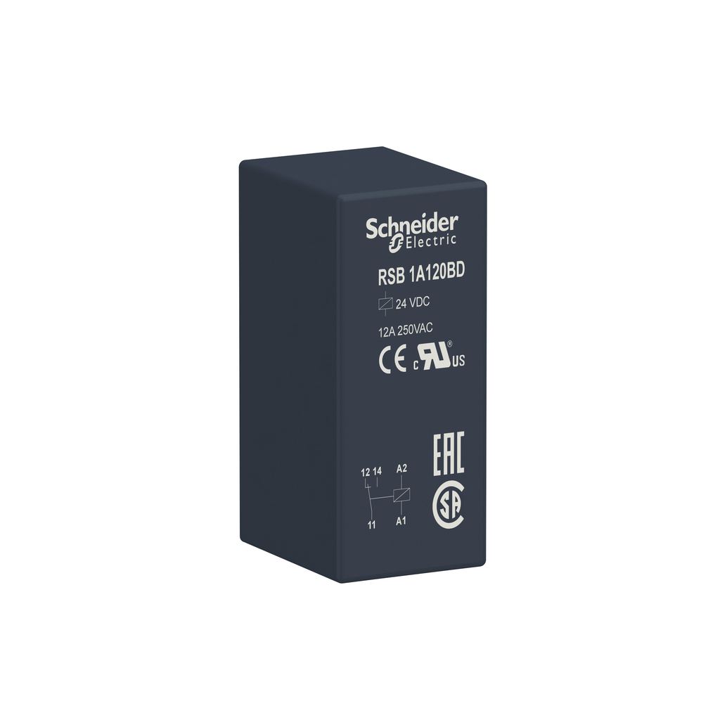 RSB1A120BD – interface plug-in relay, Harmony electromechanical relays, 12A, 1CO, 24V DC