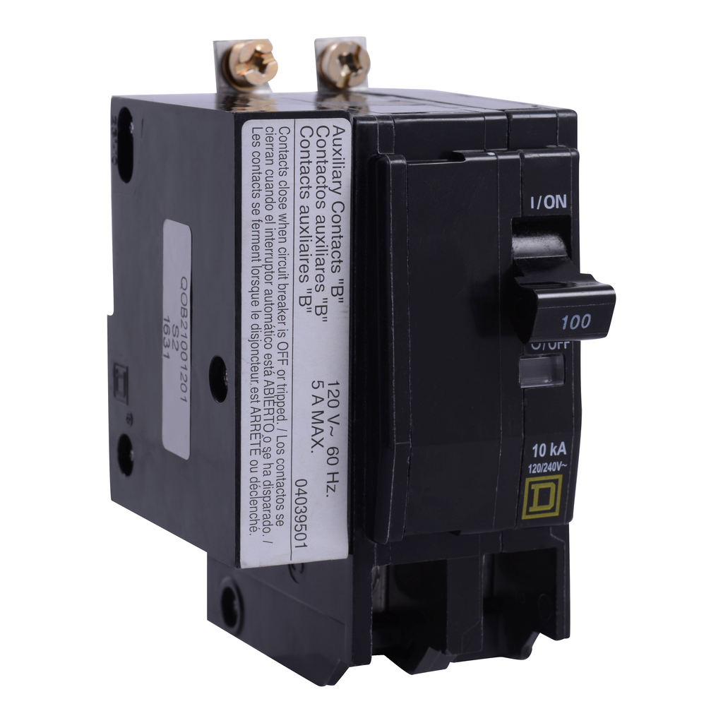 QOB21001201 – Mini circuit breaker, QO, 100A, 2 pole, 120/240VAC, 10kA, bolt on, aux switch 1B