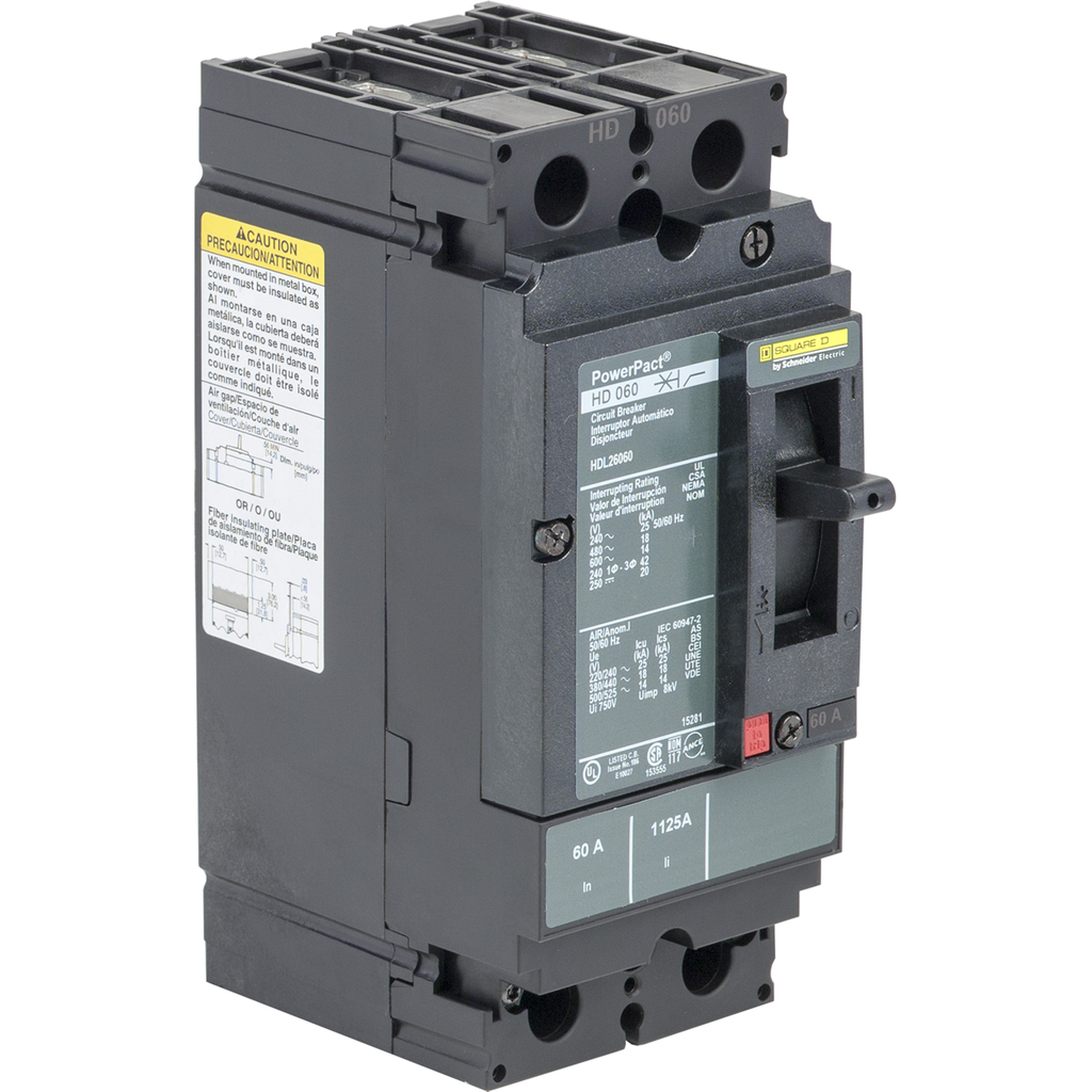 HDL26060C – Circuit breaker, PowerPacT H, 60A, 2 pole, 600VAC, 14kA, lugs, thermal magnetic, 100%
