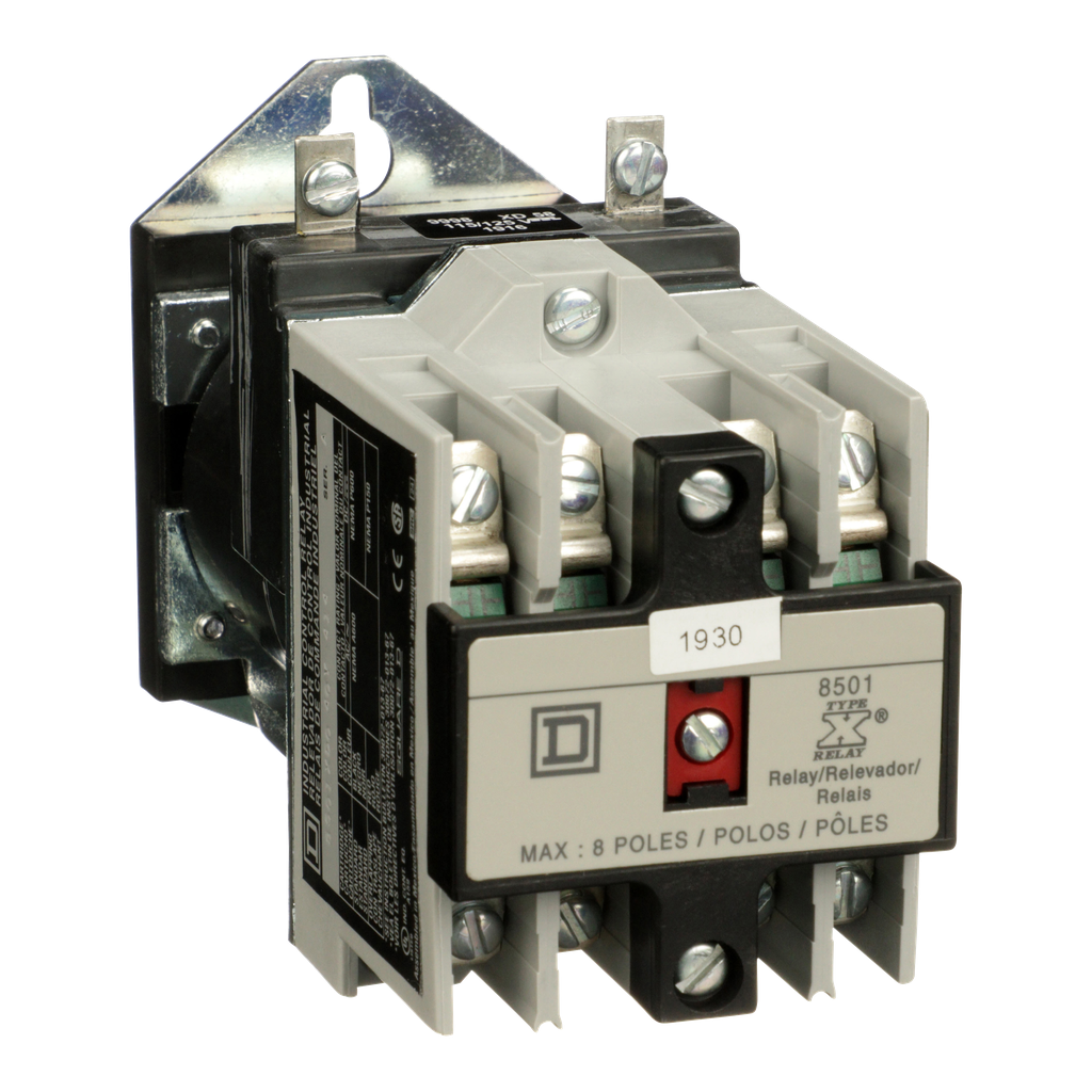 8501XDO40V62Y414 – NEMA Control Relay, Type X, machine tool, 10A resistive at 600 VAC, 4 normally open contacts, 115/125 VDC coil, pan head