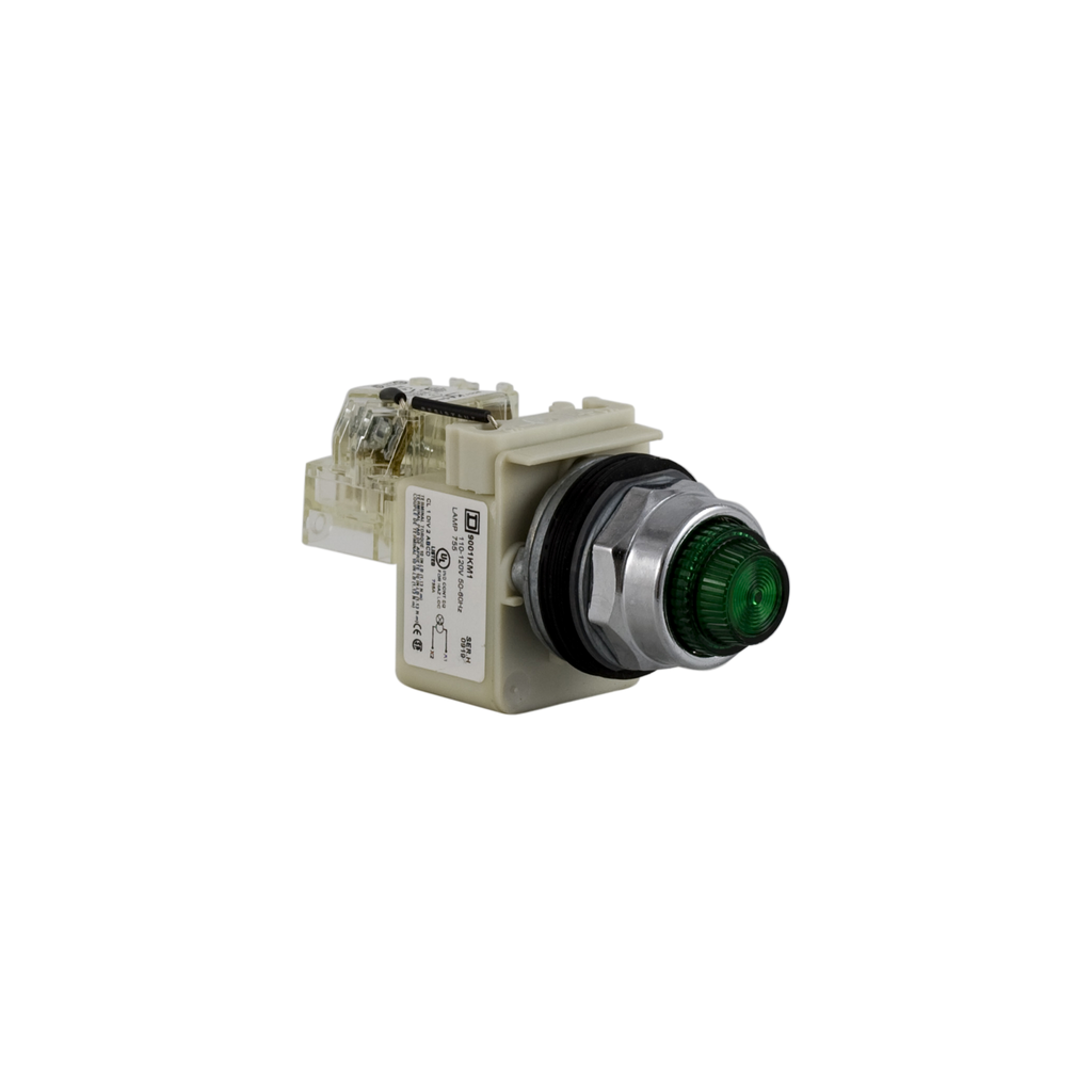 9001KT1G31 – Push to test pilot light, Harmony 9001K, metal, polycarbonate, fresnel lens, green, 30mm, 110…120V