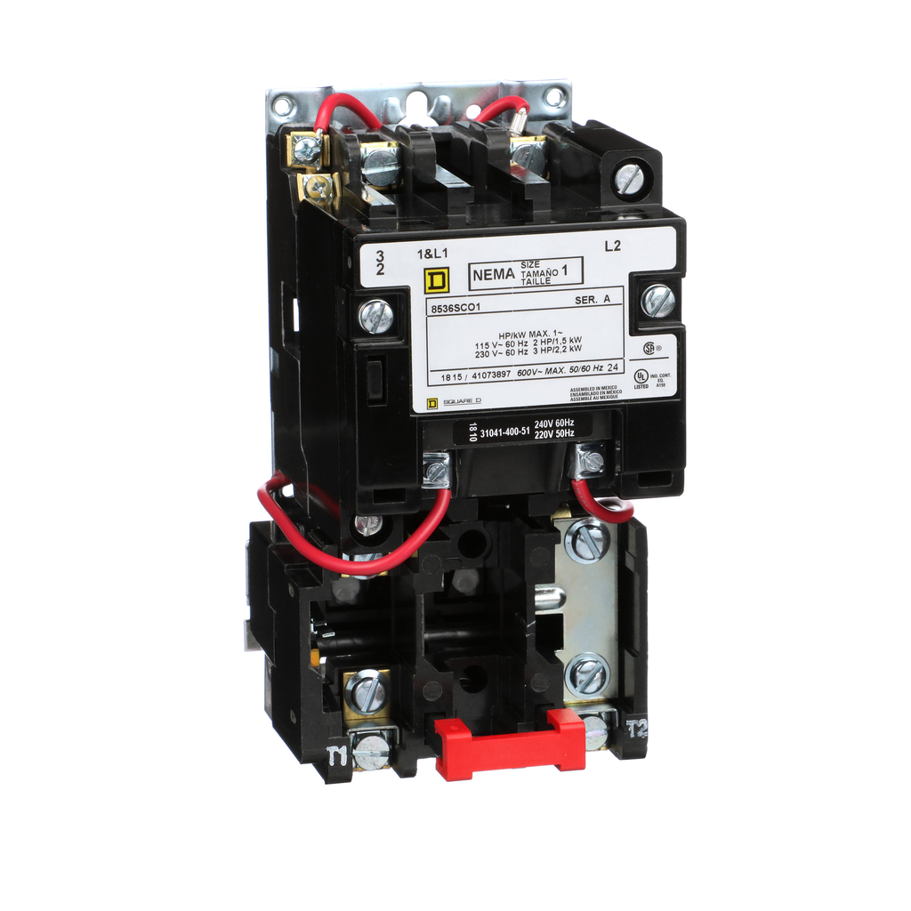 8536SCO1V03 – NEMA Motor Starter, Type S, nonreversing, Size 1, 27A, 3 HP at 230 VAC, 5 kA SCCR, 1 phase, 2 pole, melting alloy, 240 VAC coil, open