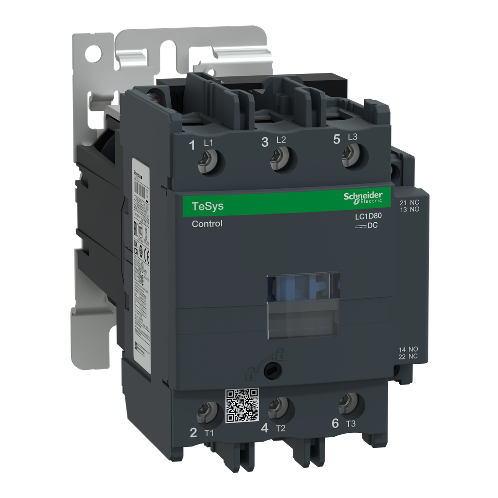 LC1D80BD – IEC contactor, TeSys Deca, nonreversing, 80A, 60HP at 480VAC, up to 100kA SCCR, 3 phase, 3 NO, 24VDC coil, open style