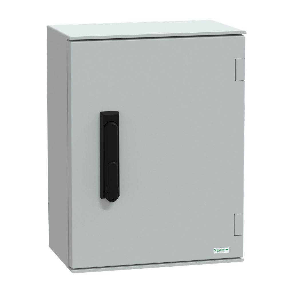 NSYPLM43VG – Wall mounted polyester enclosure, Thalassa PLM, plain door, with handle, 430x330x200mm, IP66, IK10, RAL 7035