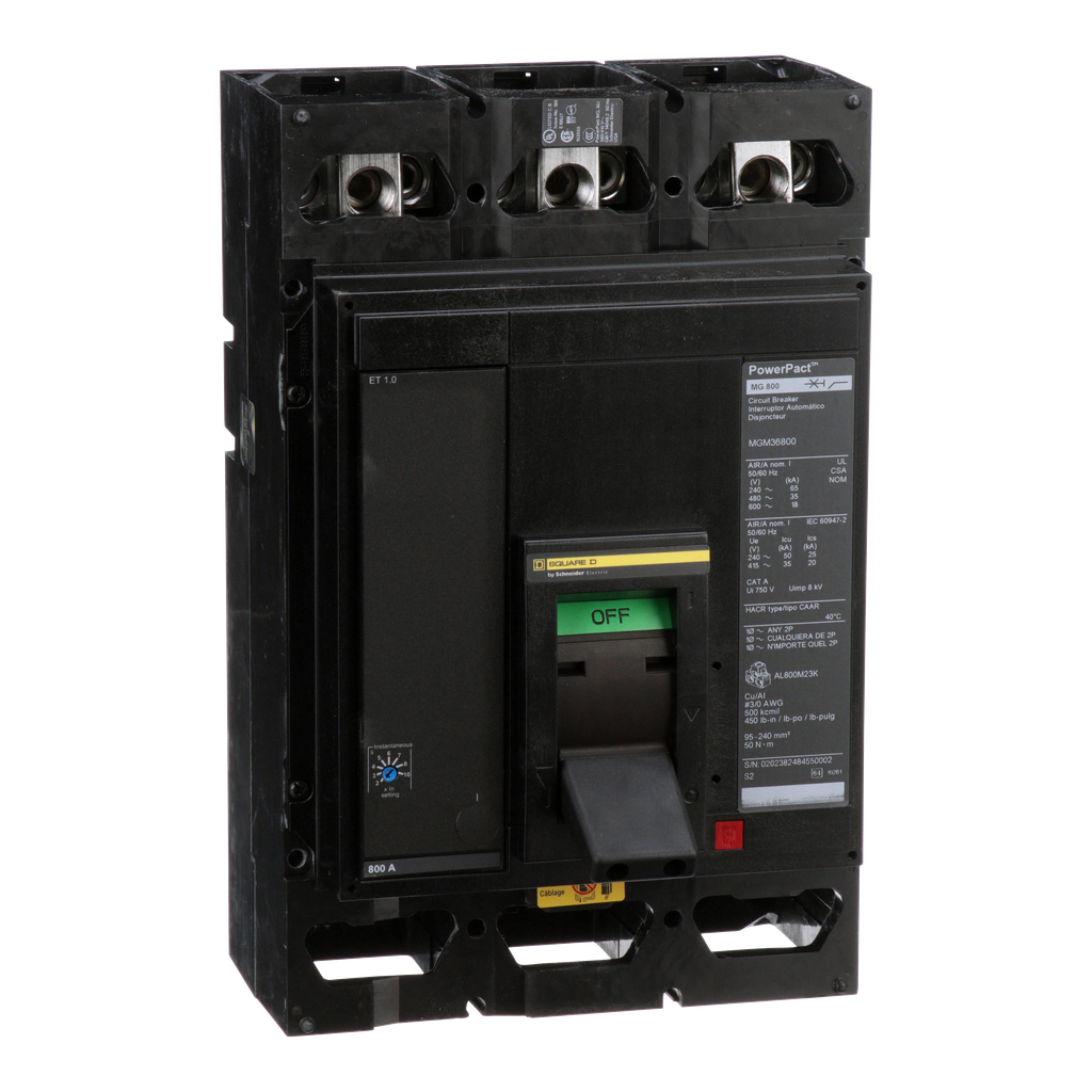 MGM36800 – Circuit breaker, PowerPacT M, 800A, 3 pole, 600VAC, 18kA, lugs, ET 1.0, 80%