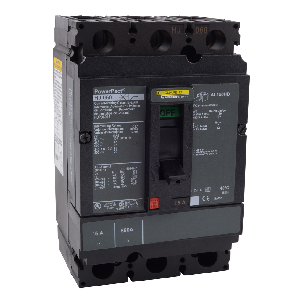 HJP36125 – Circuit breaker, PowerPacT H, 125A, 3 pole, 600VAC, 25kA, lugs, thermal magnetic, 80%