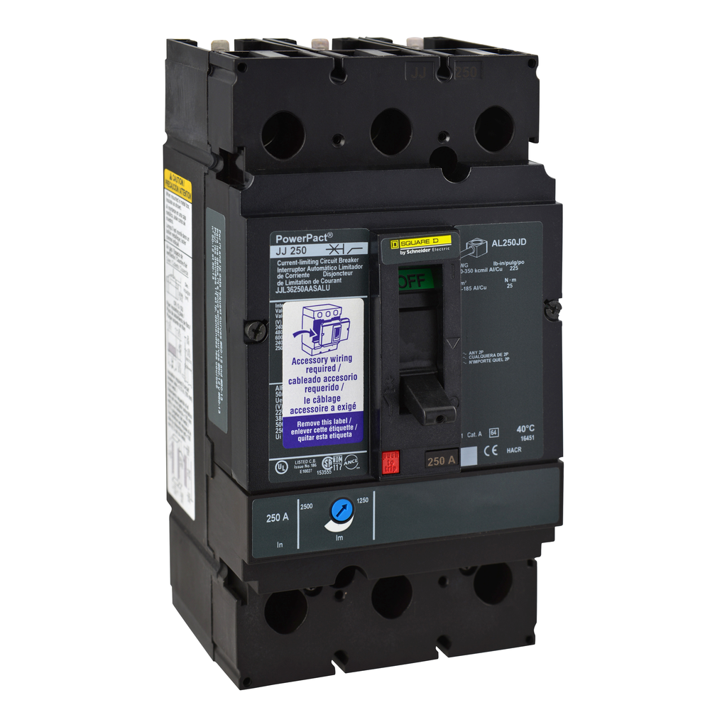 JGL34250WU33X – Circuit breaker, PowerPacT J, 250A, 3 pole, 480VAC, 35kA, lugs, Micrologic 3.2S, 80%, mission critical