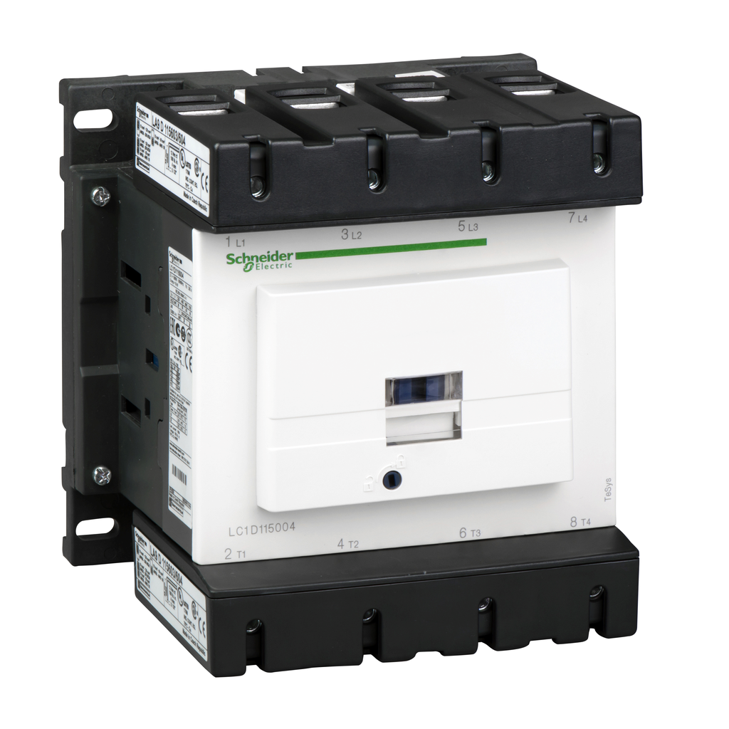 LC1D115004RD – IEC contactor, TeSys Deca, nonreversing, 200A resistive, 4 pole, 4 NO, 440VDC coil, open style