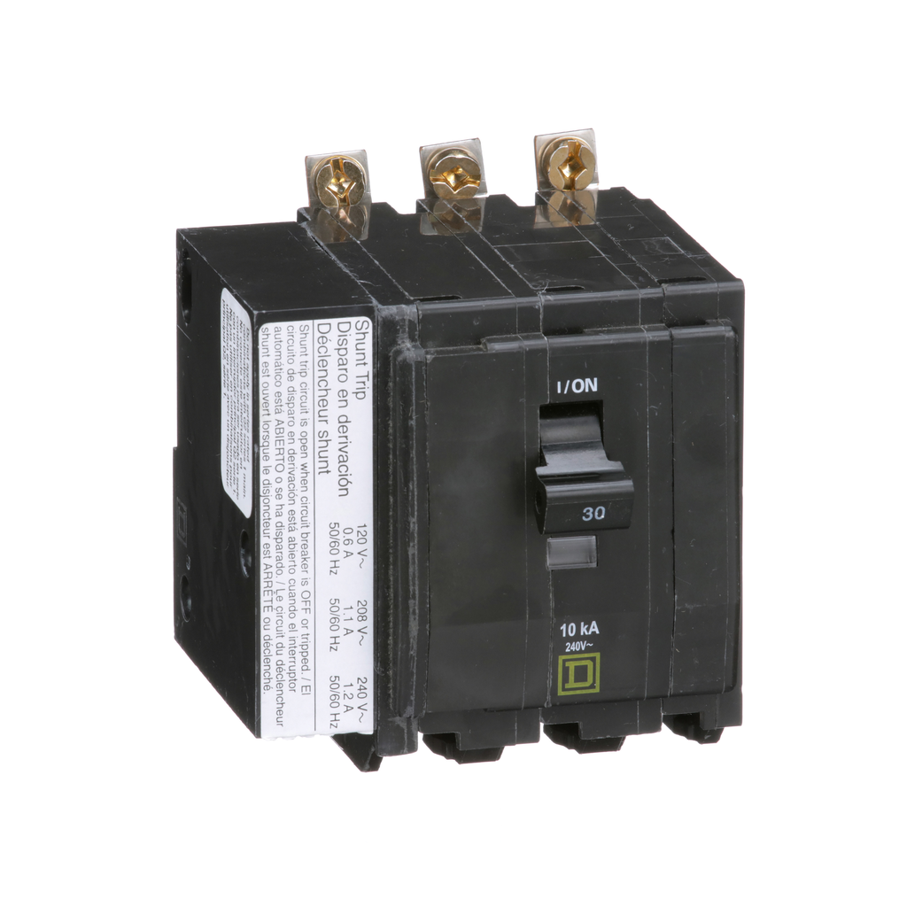 QOB3301021 – Mini circuit breaker, QO, 30A, 3 pole, 120/240VAC, 10kA, bolt on, AC shunt