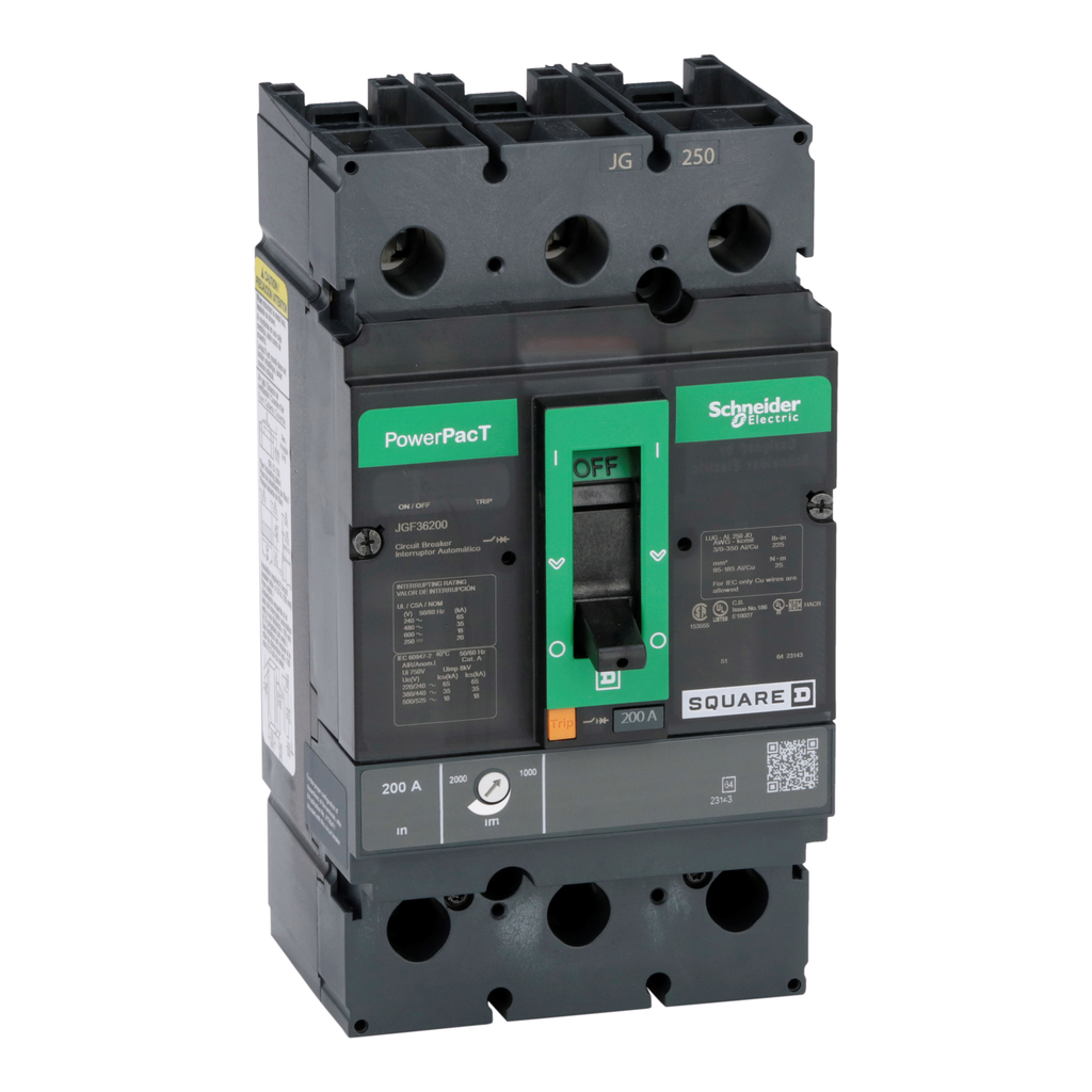 JGF36200 – Circuit breaker, PowerPacT J, 200A, 3 pole, 600VAC, 18kA, busbar, thermal magnetic, 80%