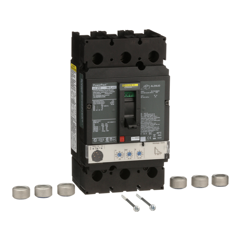 JJL36250CU33X – Circuit breaker, PowerPacT J, 250A, 3 pole, 600VAC, 25kA, lugs, Micrologic 3.2S, 100%