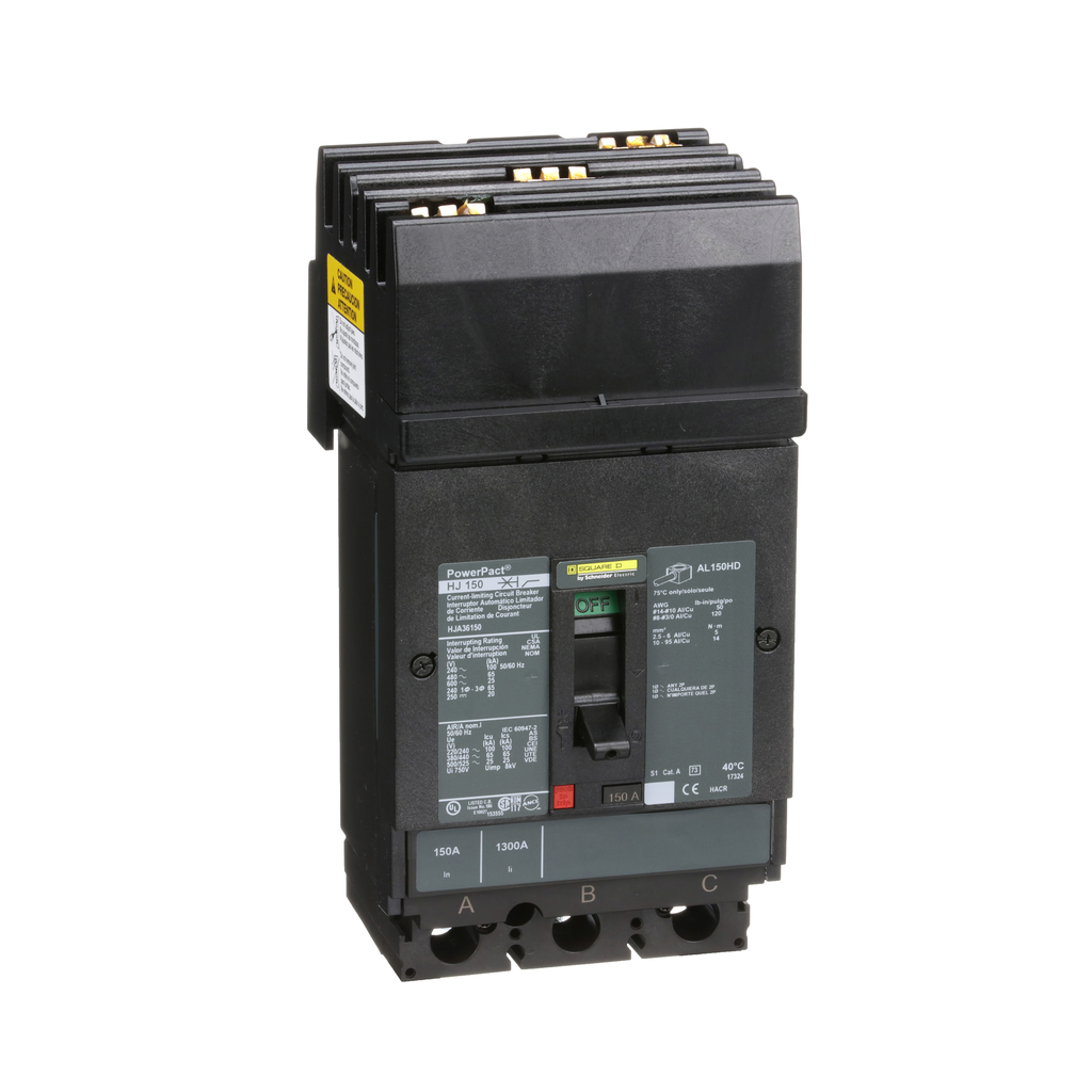 HJA36150 – Circuit breaker, PowerPacT H, 150A, 3 pole, 600VAC, 25kA, I-Line, thermal magnetic, 80%, ABC