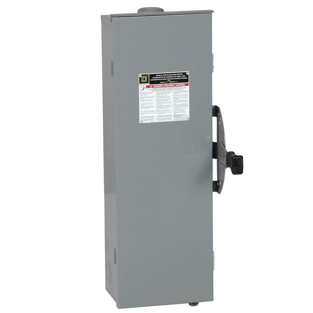 DTU361RB – Safety switch, double throw, non fusible, 30A, 600V, 3 pole, 30HP, NEMA 3R, bolt on provision
