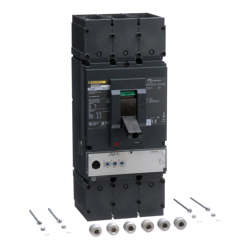 LDL36600U31X – Circuit breaker, PowerPacT L, 600A, 3 pole, 600VAC, 14kA, lugs, MicroLogic 3.3, 80%
