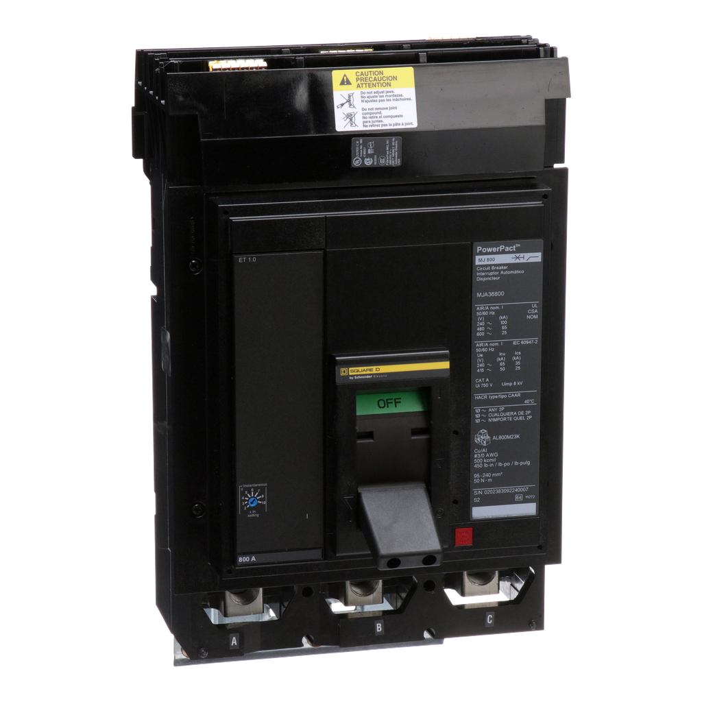 MJA36800 – Circuit breaker, PowerPacT M, 800A, 3 pole, 600VAC, 25kA, I-Line, ET 1.0, 80%, ABC