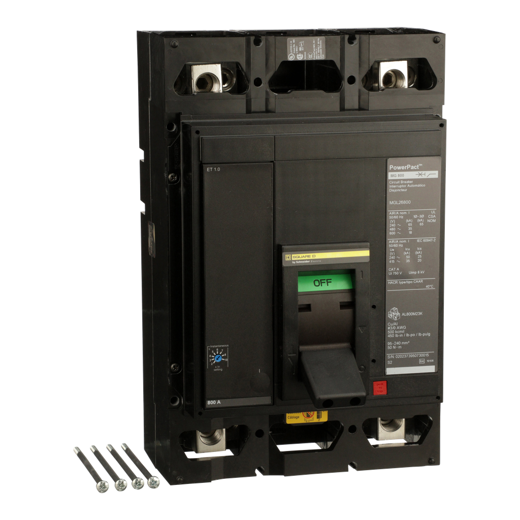 MGL26800 – Circuit breaker, PowerPacT M, 800A, 2 pole, 600VAC, 18kA, lugs, ET 1.0, 80%