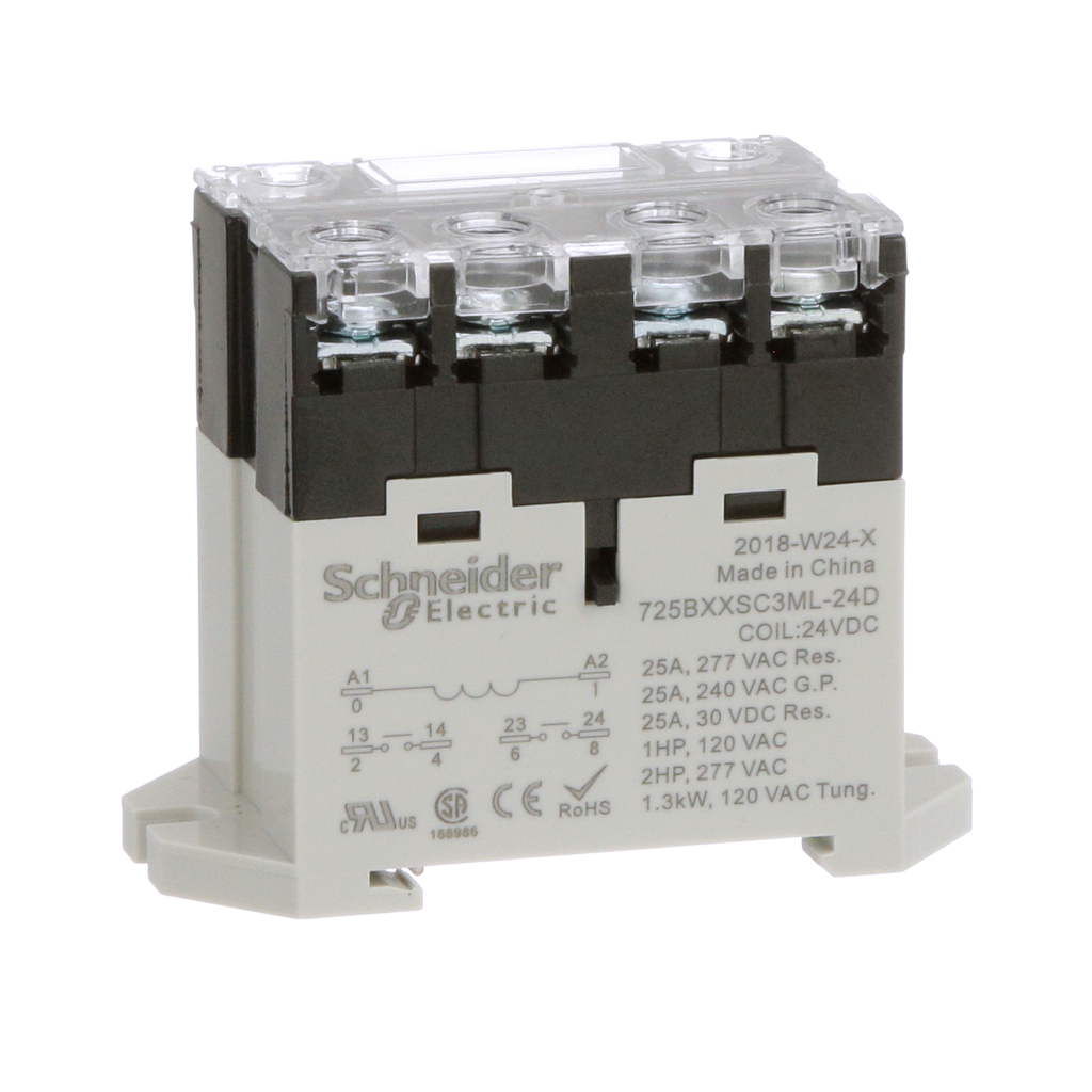 725BXXSC3ML-24D – Power relay, SE Relays, 25A, 2NO, 24VDC, LED push button, screw terminals, DIN or panel mount