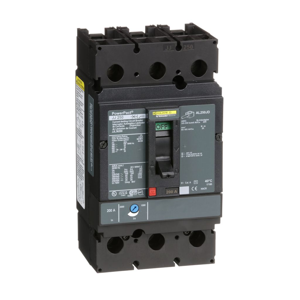 JJL36200 – Circuit breaker, PowerPacT J, 200A, 3 pole, 600VAC, 25kA, lugs, thermal magnetic, 80%