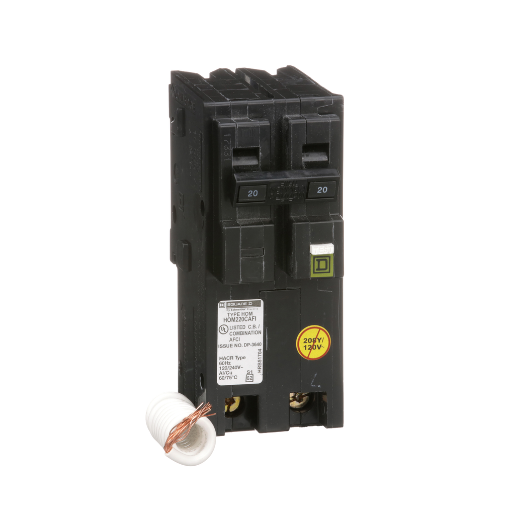 HOM220CAFI – Mini circuit breaker, Homeline, 20A, 2 pole, 120VAC, 10kA AIR, combo arc fault, pigtail neutral, plug in, UL