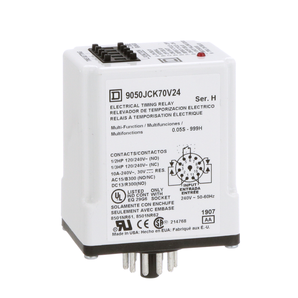 9050JCK70V24 – Timing Relay, Type JCK, plug In, multifunction, programmable, 0.5 second to 999 hours, 10A, 240 VAC, 240 VAC 50/60 Hz