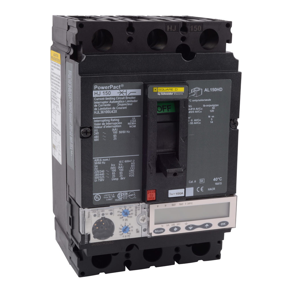 HJL36100U43X – Circuit breaker, PowerPacT H, 100A, 3 pole, 600VAC, 25kA, lugs, Micrologic 5.2A, 80%