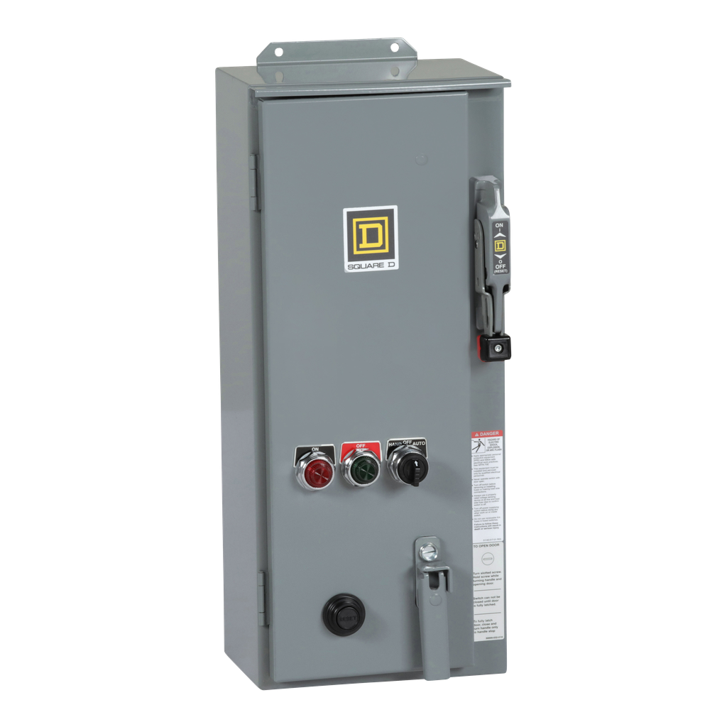 8538SCASP3 – NEMA combination starter, Type S, 30A fusible disconnect, Size 1, 27A, melting alloy overload, 120VAC coil, NEMA 3R/12