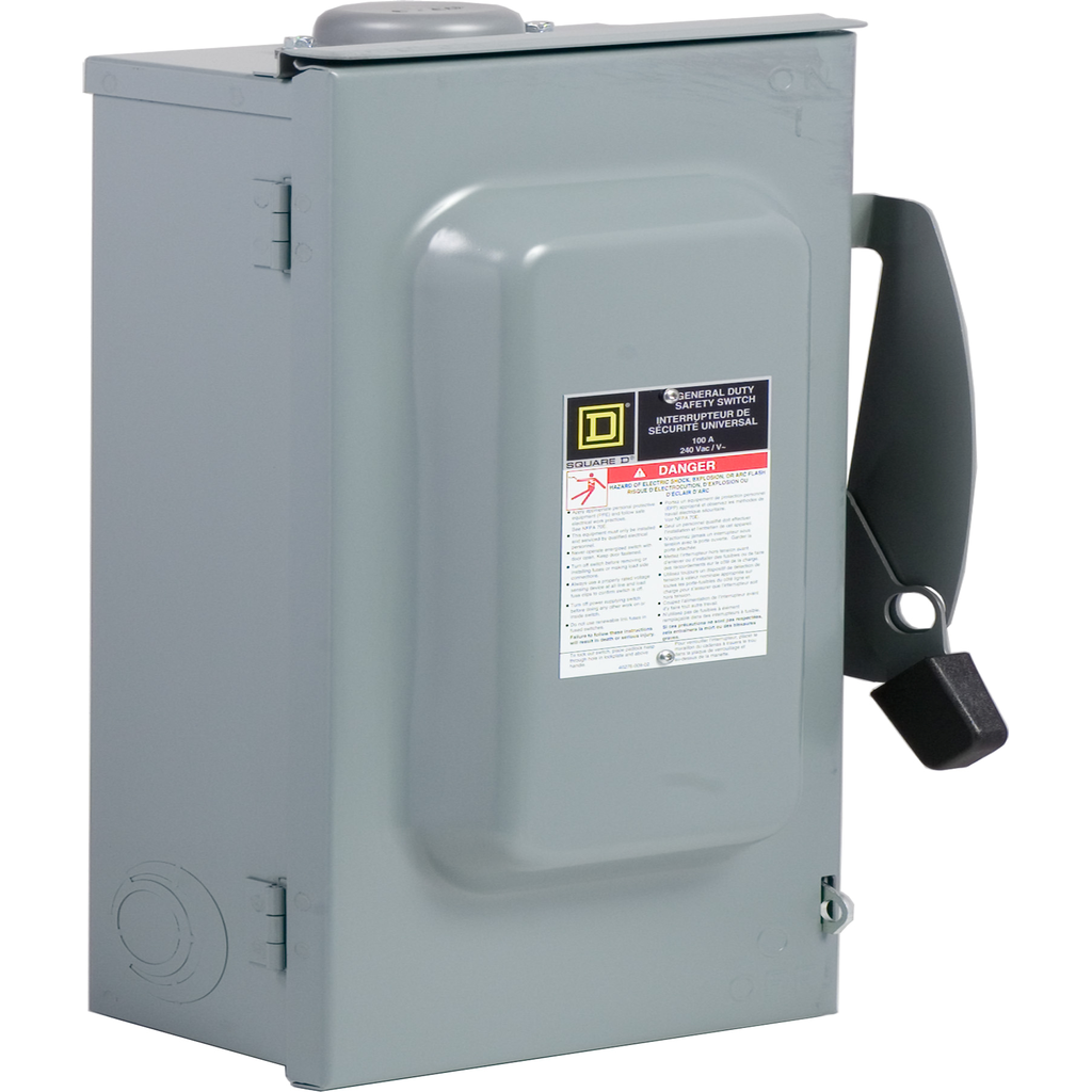 CD223NRB – Safety switch, general duty, fusible, 100A, 120/240VAC, 2 poles, 30HP, solid neutral, NEMA 3R with bolt on hub provision