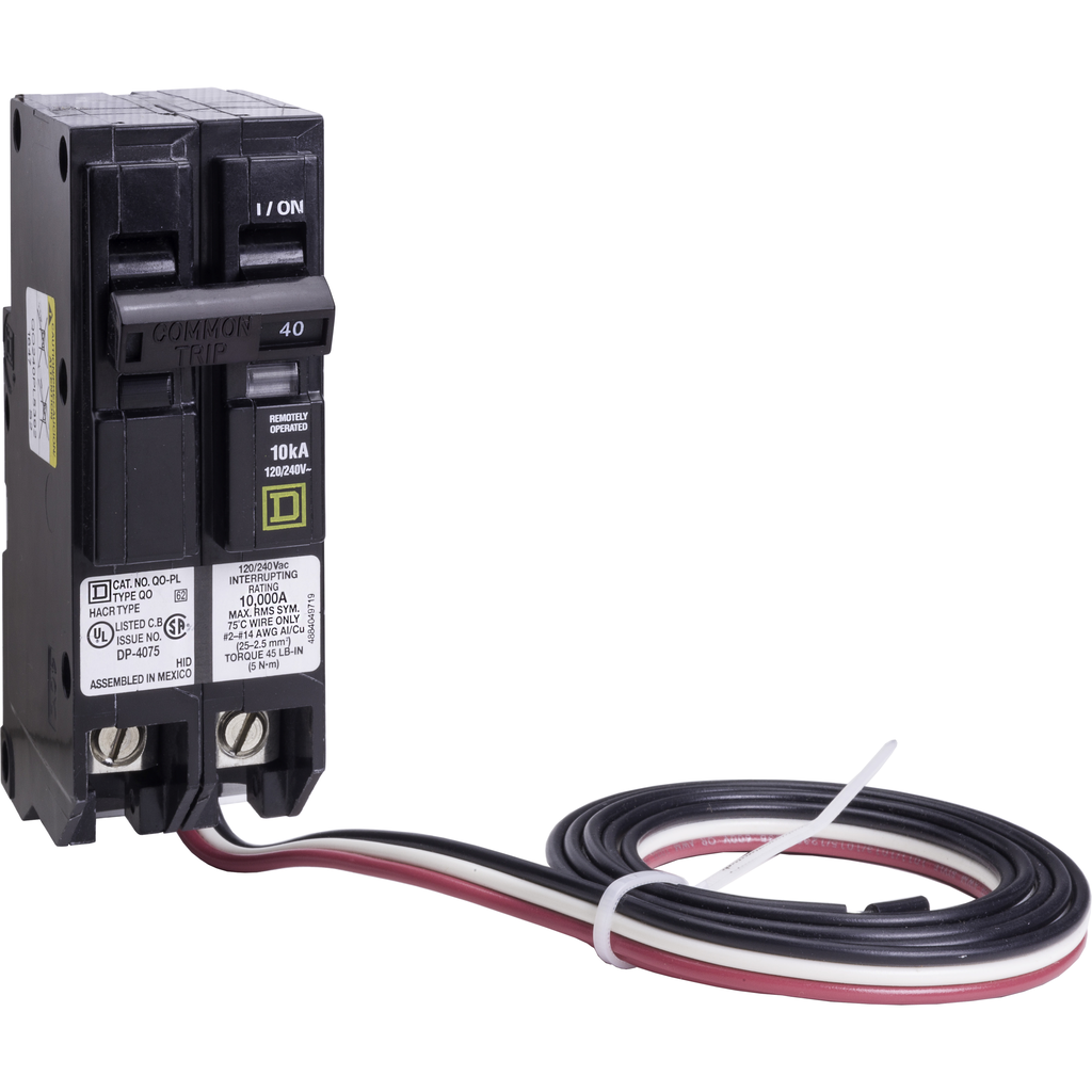 QO240PL5392 – Mini circuit breaker, QO, 40A, 2 pole, 120/240VAC, 10kA, plug in, Powerlink, 48in leads