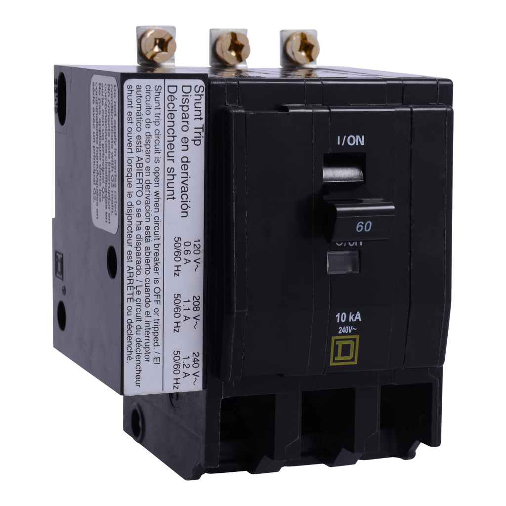 QOB3605274 – Mini circuit breaker, QO, 60A, 3 pole, 120/240VAC, 10kA, bolt on, AC shunt, ring