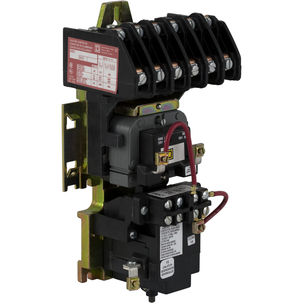 8903LXO60V02R6 – Contactor, Type L, multipole lighting, mechanically held, 30A, 6 pole, 600 V, 110/120 VAC 50/60 Hz coil, open style