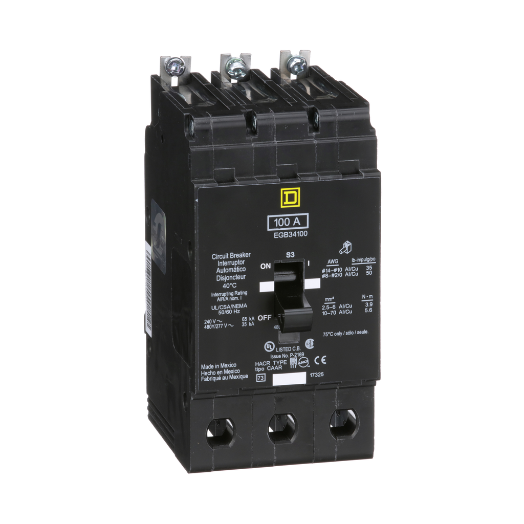 EGB34100 – Mini circuit breaker, E-Frame, 100A, 3 pole, 480Y/277VAC, 65kA max, bolt on