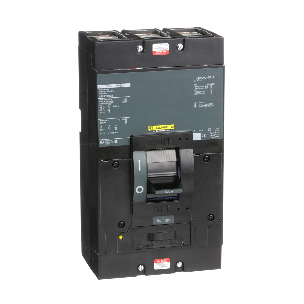 LAL36300MB – Circuit breaker, LA, 300A, 3 pole, 600VAC, 22kA, 250VDC, 10kA, lugs, thermal magnetic, short handle