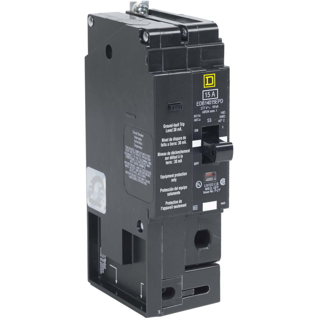 EDB14030EPD – Mini circuit breaker, E-Frame, 30A, 1 pole, 277VAC, 25kA max, bolt on, 30mA ground fault protection