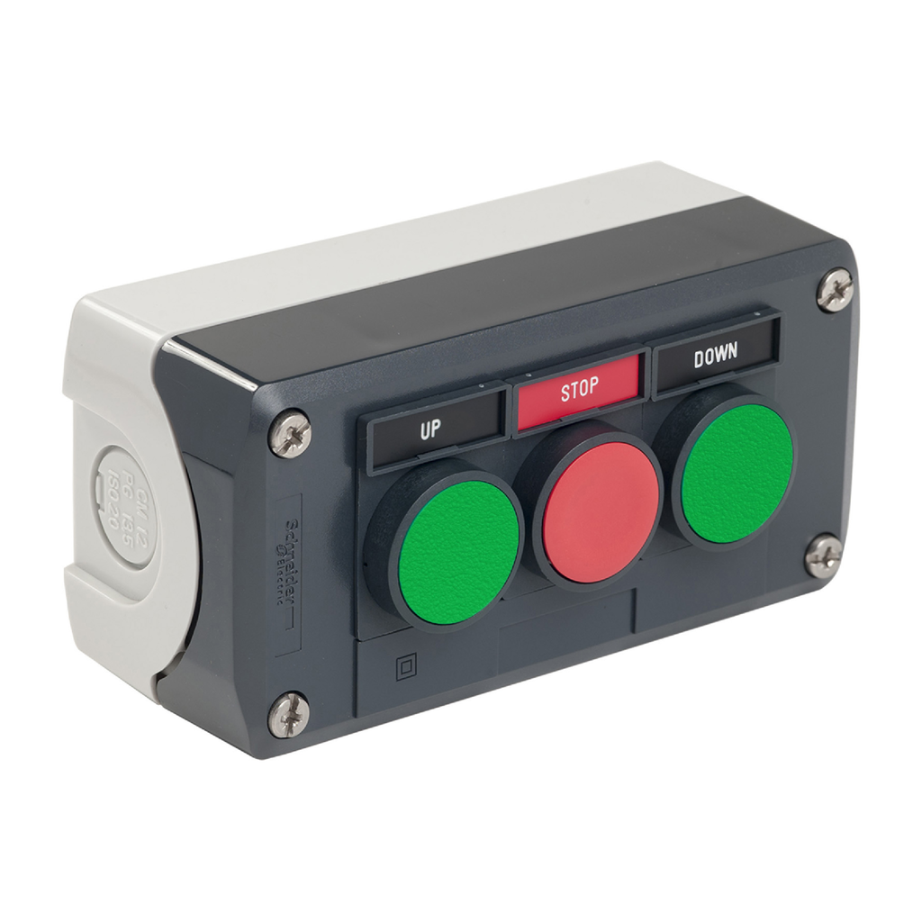 XALD321H29H7 – Control station, Harmony, plastic, dark grey, 3 flush push buttons, green NO, red NC, green NO, 22mm, spring return, legend holder, UL CSA certified