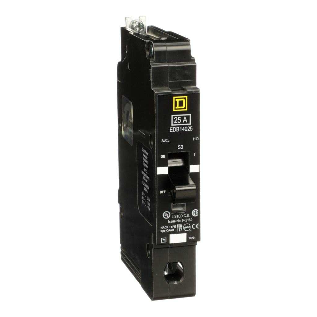 EDB14025 – Mini circuit breaker, E-Frame, 25A, 1 pole, 277VAC, 25kA max, bolt on