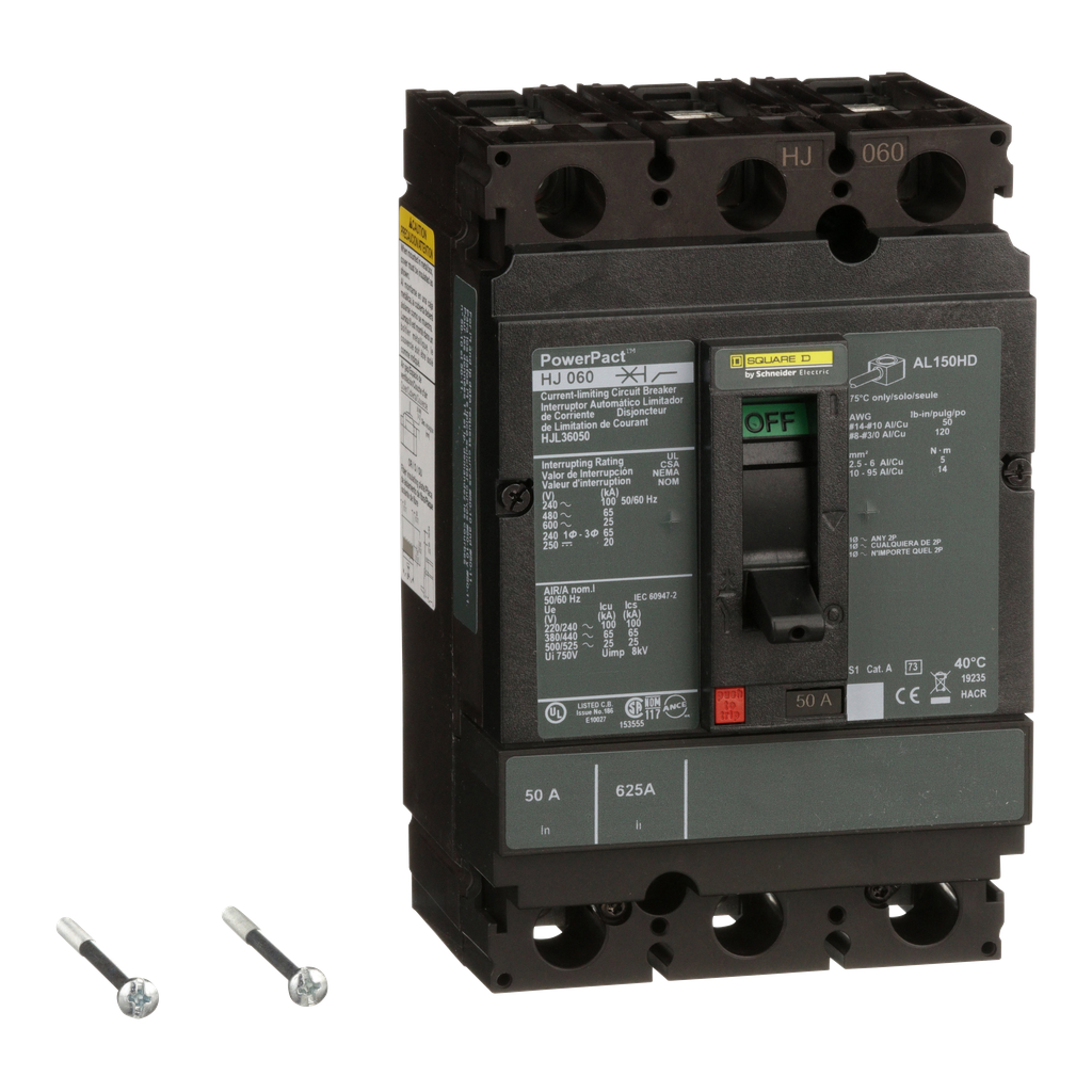 HJL36050 – Circuit breaker, PowerPacT H, 50A, 3 pole, 600VAC, 25kA, lugs, thermal magnetic, 80%