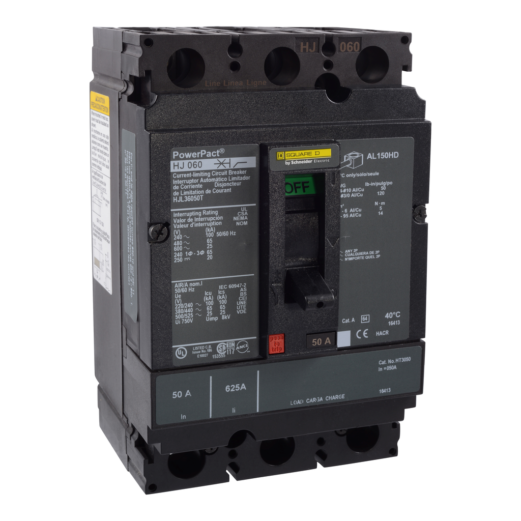 HJL36050T – Circuit breaker, PowerPacT H, 50A, 3 pole, 600VAC, 25kA, lugs, thermal magnetic, 80%, interchangable trip unit