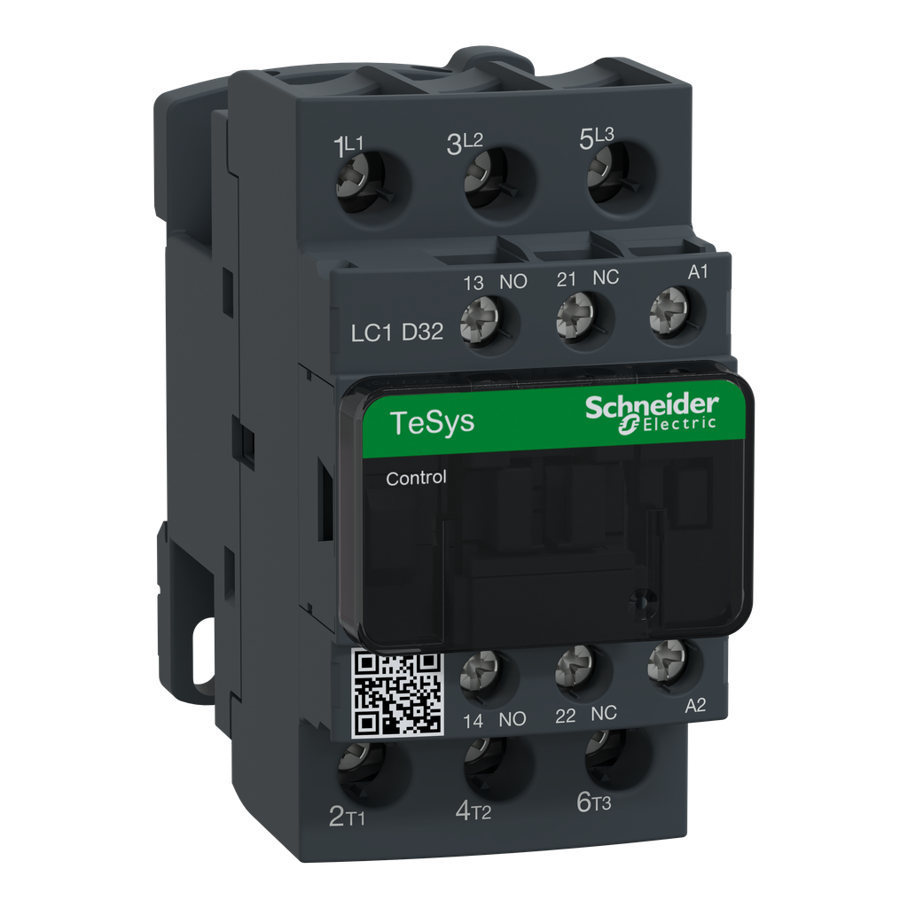 LC1D32FC7 – IEC contactor, TeSys Deca, nonreversing, 32A, 20HP at 480VAC, up to 100kA SCCR, 3 phase, 3 NO, 127VAC 50/60Hz coil, open