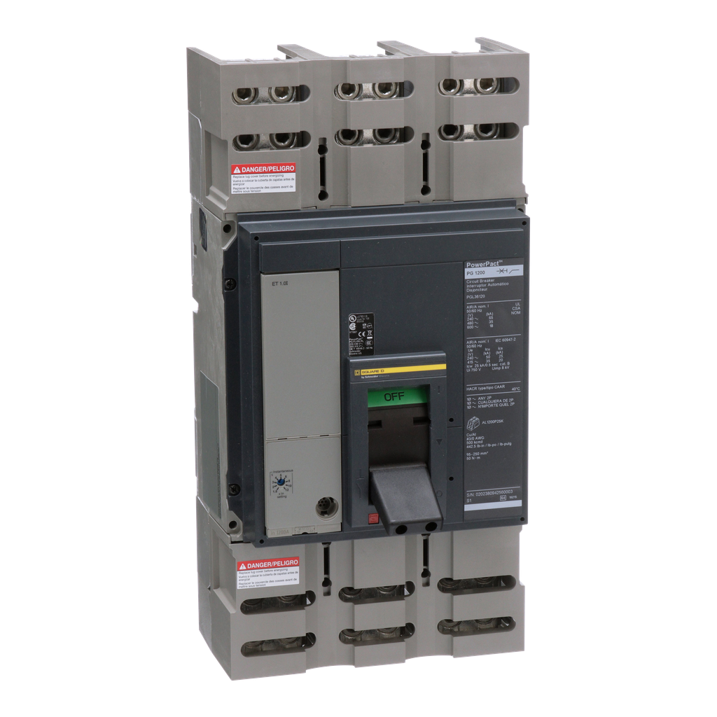 PGL36120 – Circuit breaker, PowerPacT P, 1200A, 3 pole, 600VAC, 18kA, lugs, ET1.0l, 80%