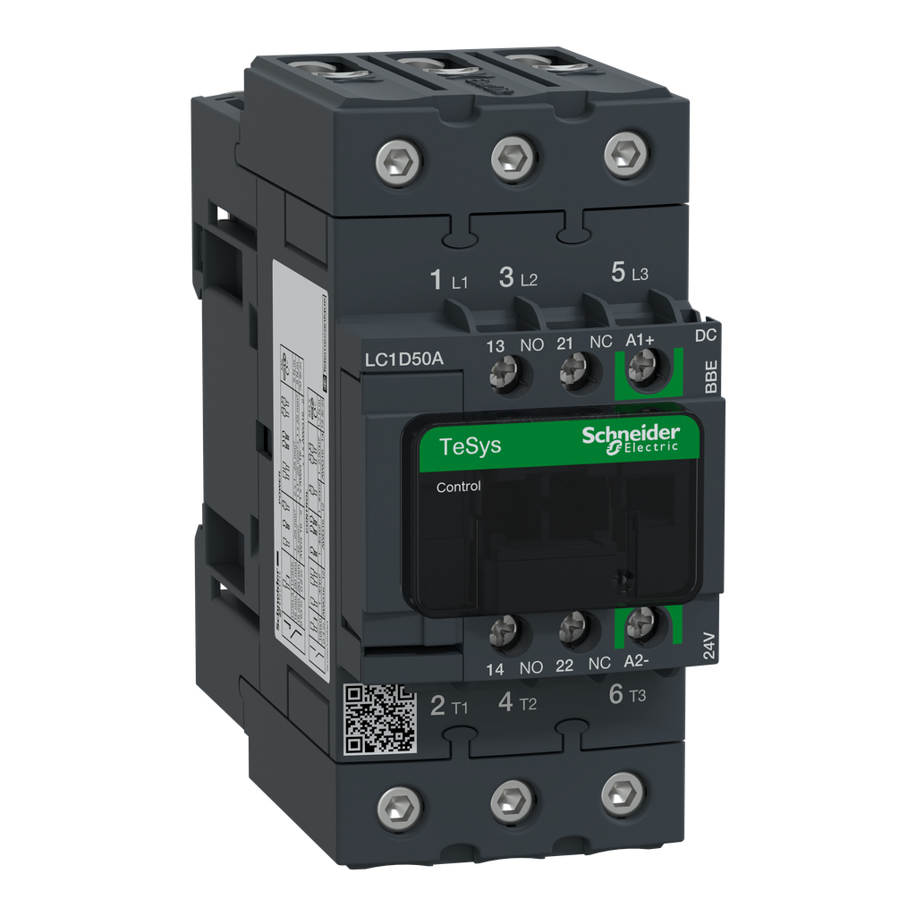LC1D50ABBE – IEC contactor, TeSys Deca Green, nonreversing, 50A, 40HP at 480VAC, up to 100kA SCCR, 3 phase, 3 NO, 24VDC