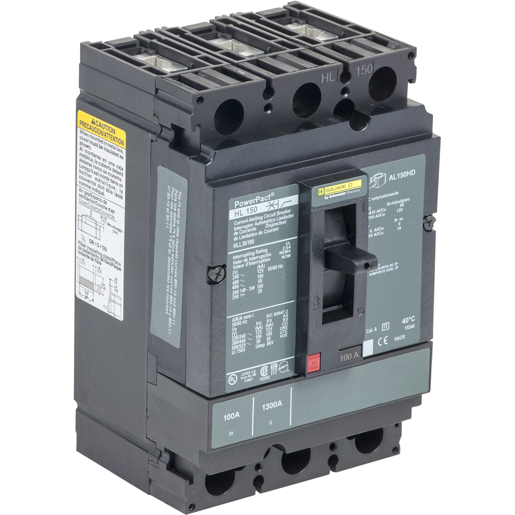 HLL36040LV – Circuit breaker, PowerPacT H, 40A, 3 pole, 600VAC, 50kA, lugs, thermal magnetic, 80%, control wire OFF end