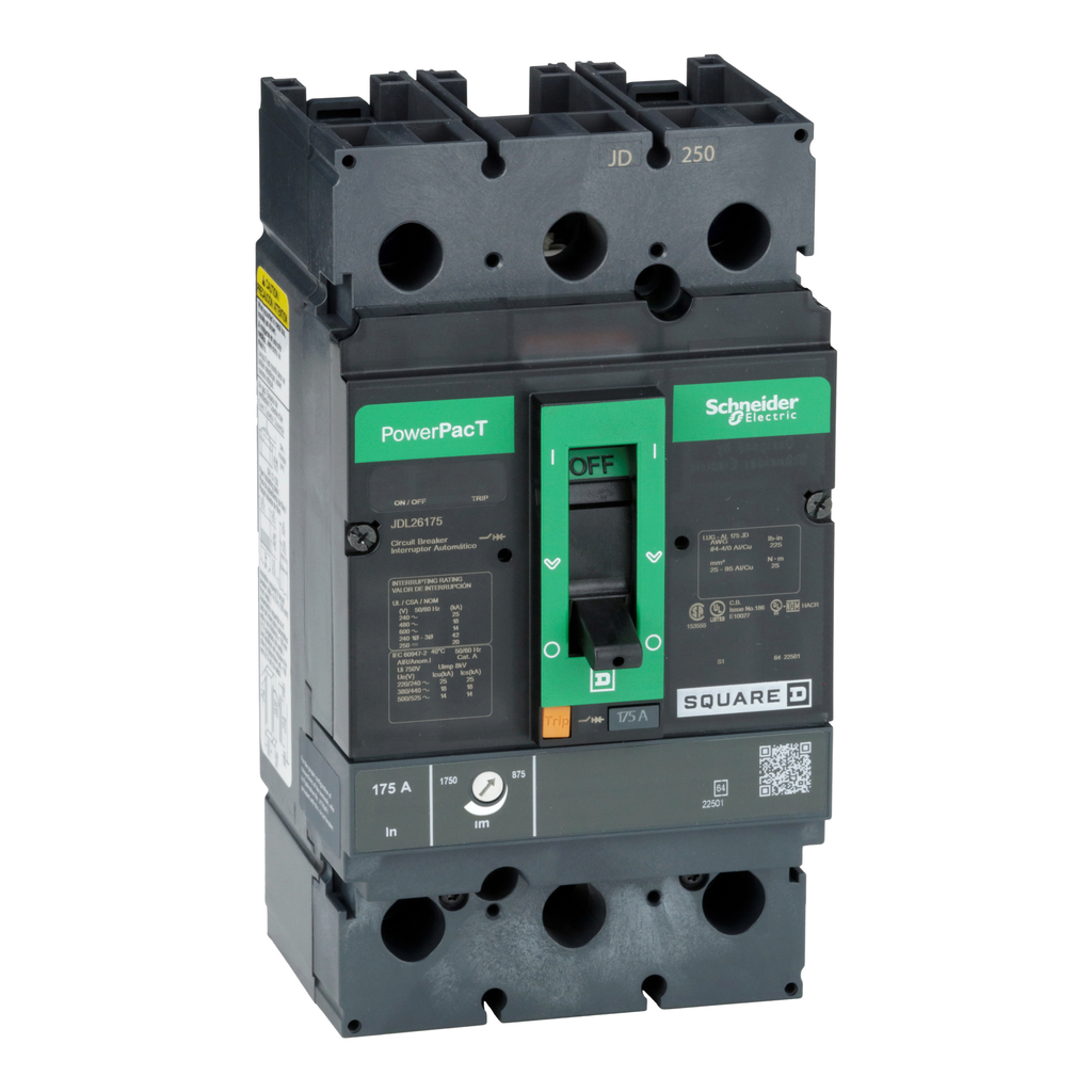 JDL26175 – Circuit breaker, PowerPacT J, 175A, 2 pole, 600VAC, 14kA, lugs, thermal magnetic, 80%