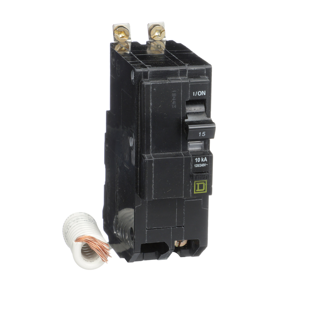 QOB215EPD – Mini circuit breaker, QO, 15A, 2 pole, 120/240VAC, 10kA, bolt on, 30mA grd fault B
