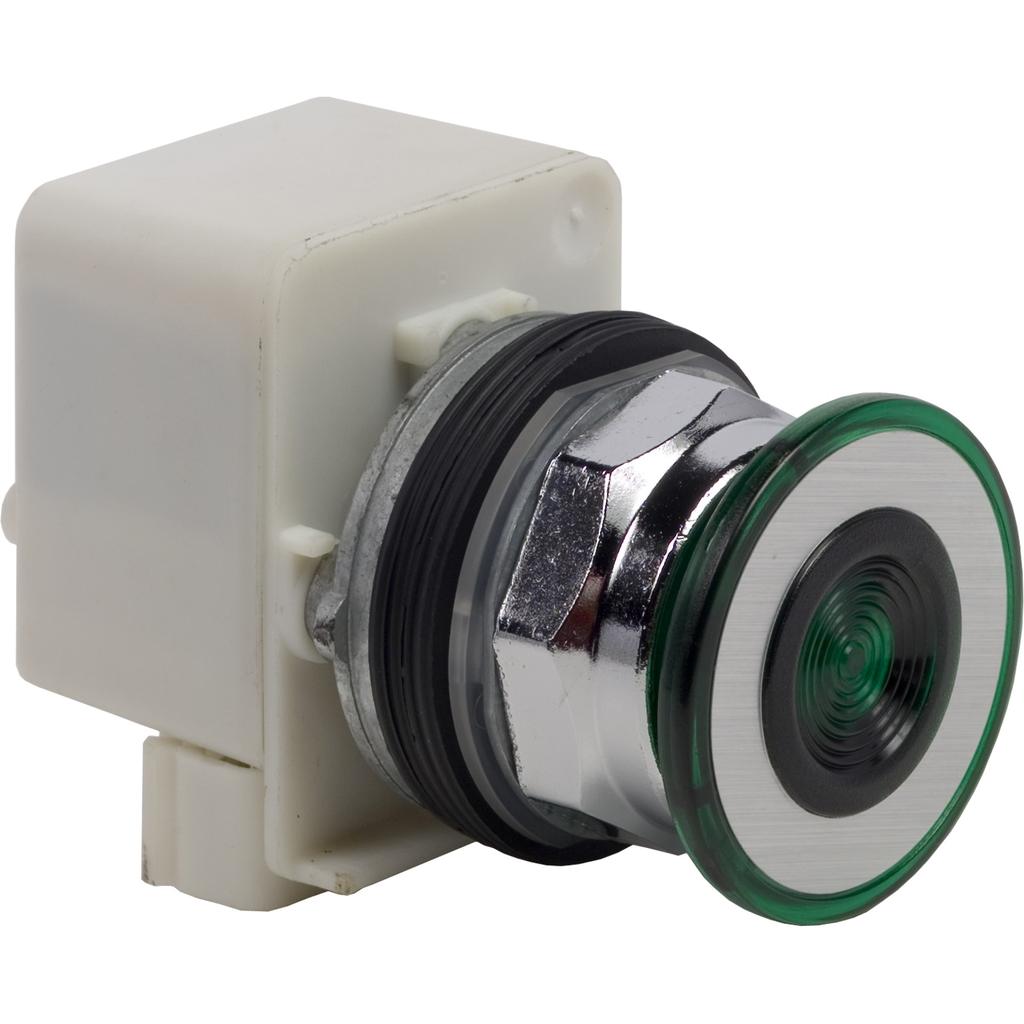 9001KR9P1G – Illuminated push-button head, Harmony 9001K, metal, mushroom 41mm, green, 30mm, 2 positions, push-pull, 110-120V