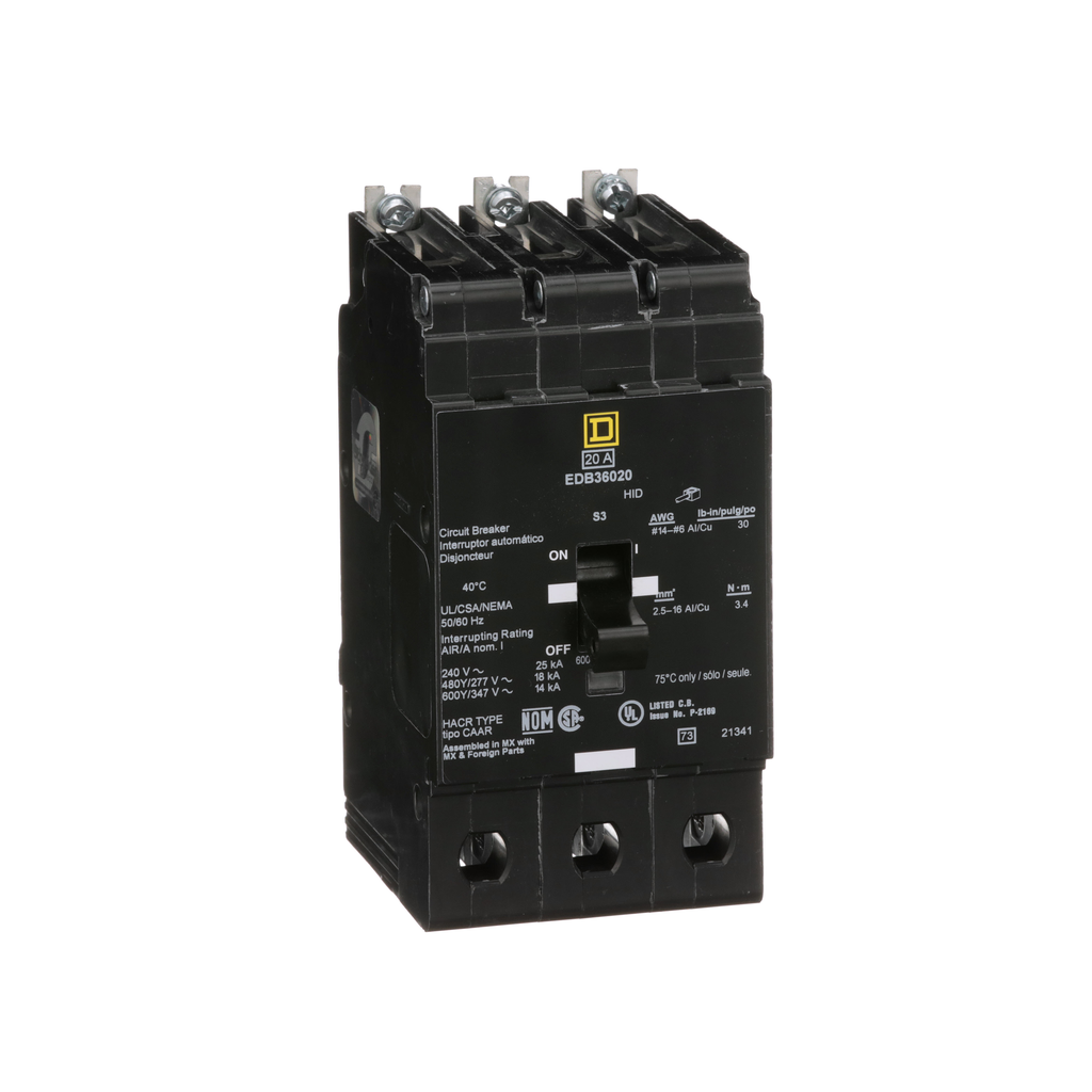 EDB36020 – Mini circuit breaker, E-Frame, 20A, 3 pole, 600Y/347VAC, 25kA max, bolt on