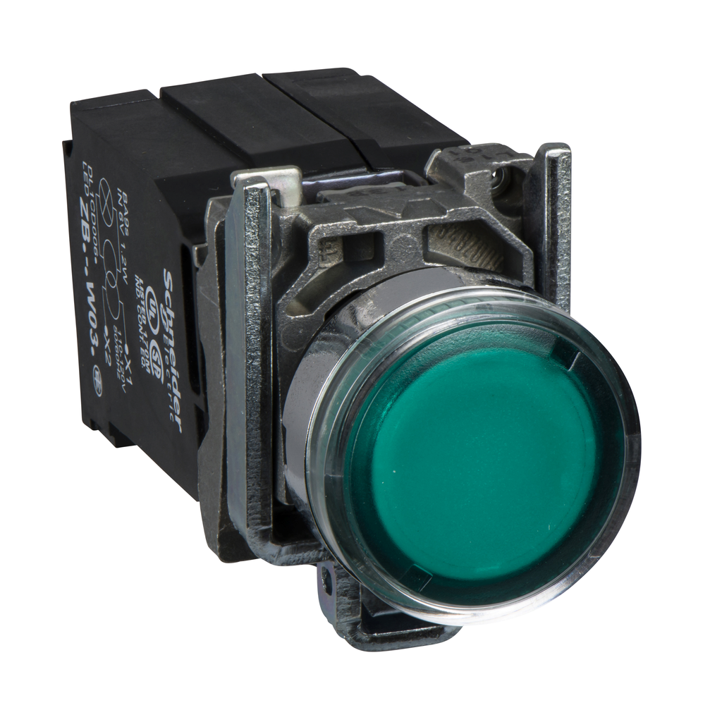 XB4BW3335 – Illuminated push button, Harmony XB4, green flush, 22mm, spring return, 1NO   1NC, 110…120V