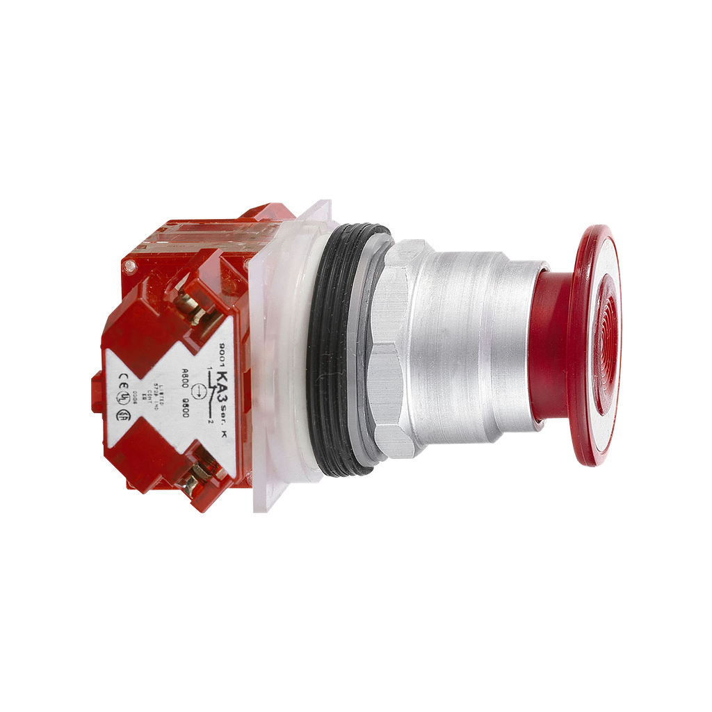 9001KR8RH25 – Push-button, Harmony 9001K, metal, mushroom 41mm, red, 30mm, 3 positions, return to center, 1 NC late   1 NC