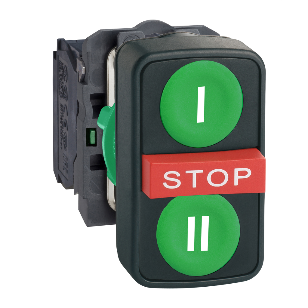 XB5AA731327 – Triple headed push button, Harmony XB5, plastic, 22mm, marked, 1 green flush I   1 red projecting STOP   1 green flush II, 2 NO   1 NC