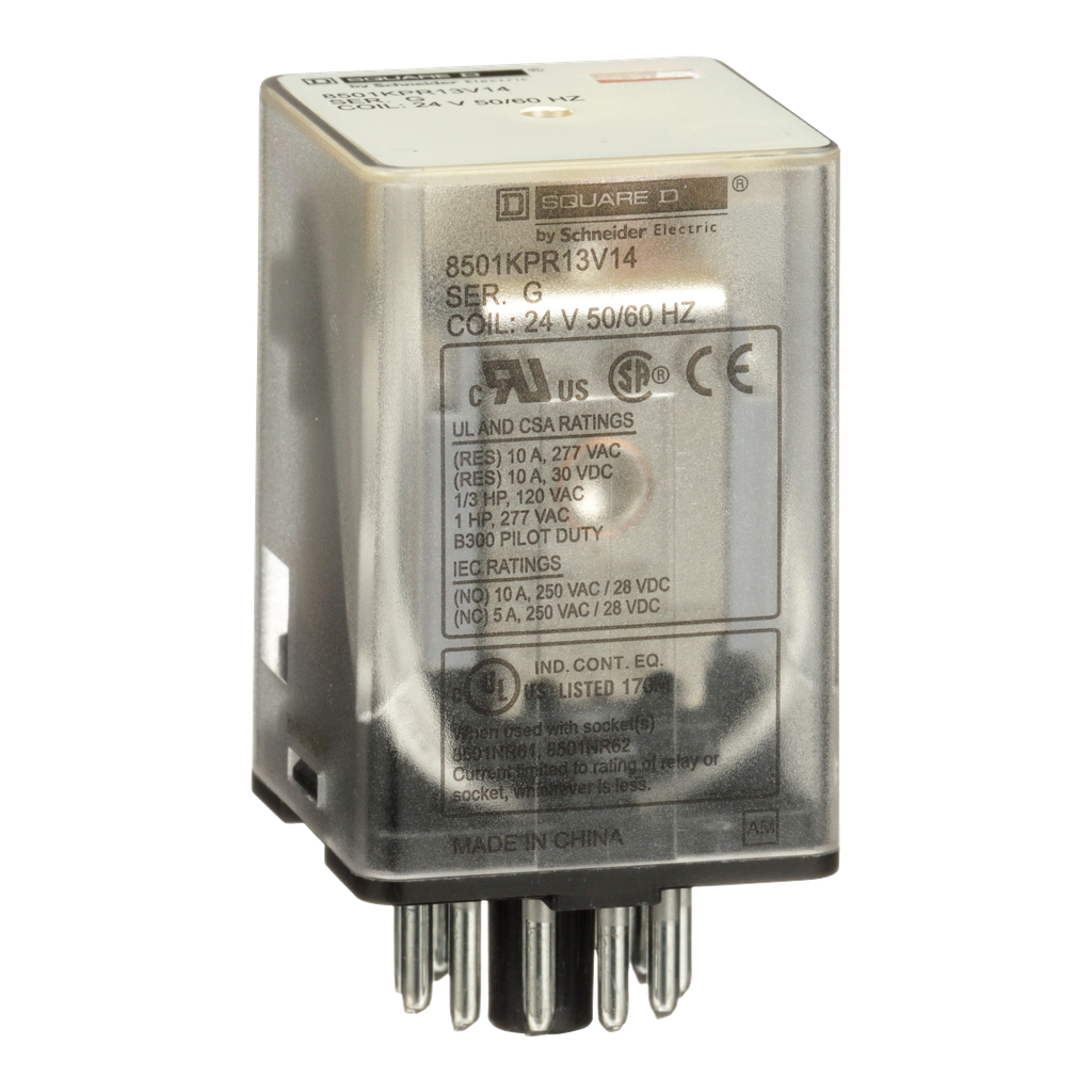 8501KPR13V14 – Plug in relay, Type KP, tubular, 1 HP at 277 VAC, 10A resistive at 120 VAC, 11 pin, 3PDT, 3 NO, 3 NC, 24 VAC coil